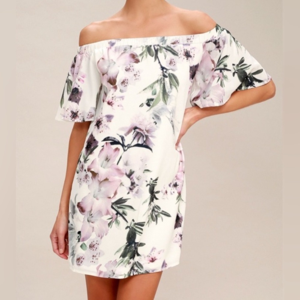 Lulu's Floral Off-Shoulder Mini Dress in Pink and Green